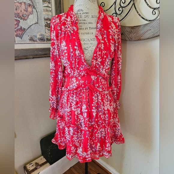 Red Floral Ruffle Open Back Dress M Medium Long Balloon Poof Sleeve - Picture 1 of 11